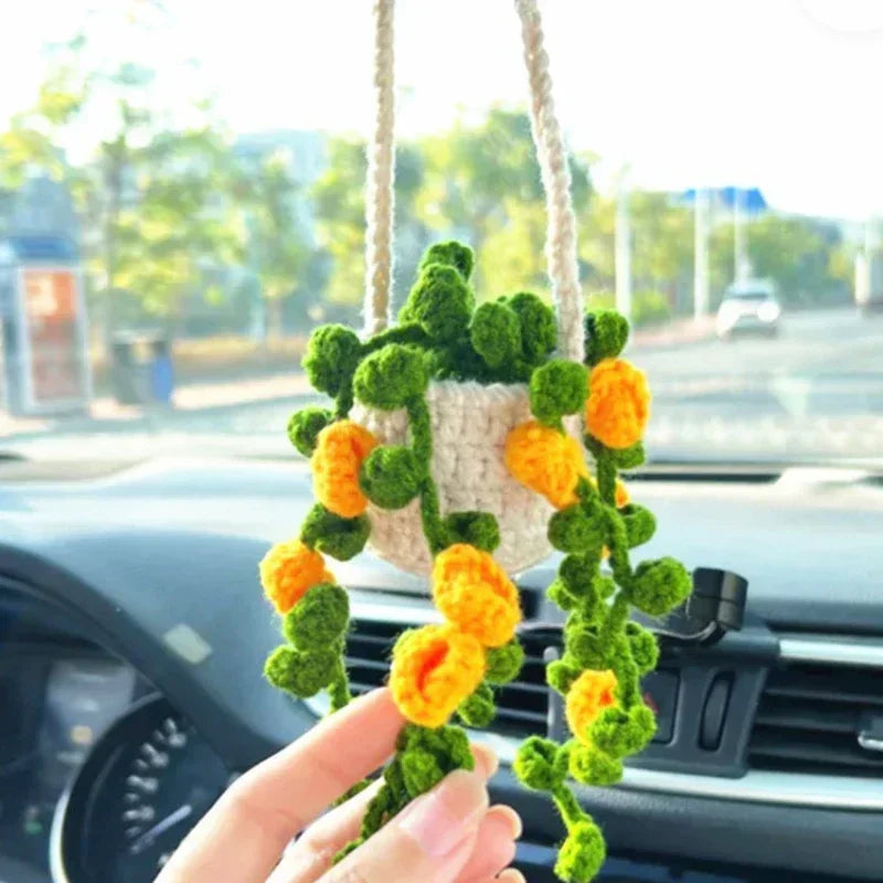 NEW Cute Potted Plants Crochet Car Basket,Hanging Plant Crochet for Car Decor,Car Ornament Rear View Mirror Hanging Accessories